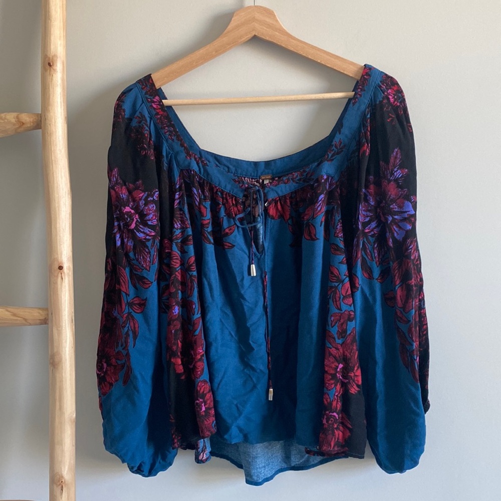 Free People Blue Balloon Sleeve Square Neck Blouse Sz Medium